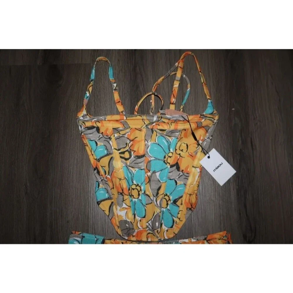 Miaou V Corset Top and Micro Mini Skirt in Parisian Flower Orange